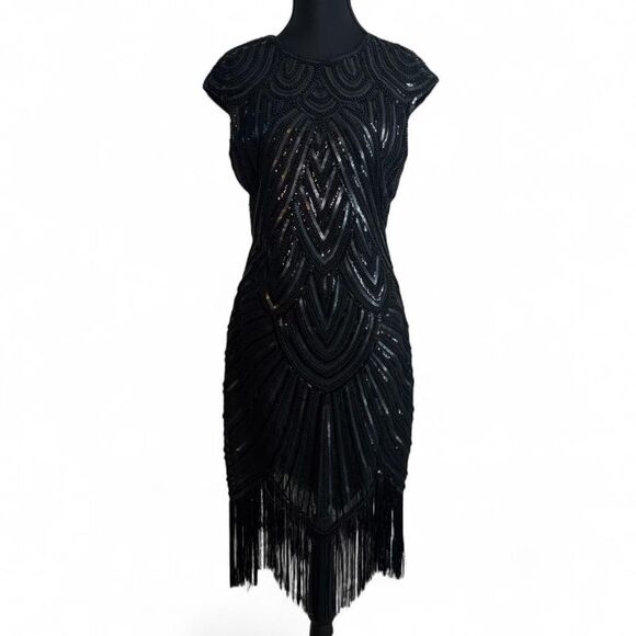 Y2K Era Style Black Beaded Sequin Fringe Flapper Dress - Picture 3 of 4